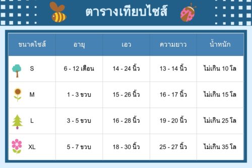 ตารางเทียบไซส์ กางเกงเลคกิ้งเด็กผู้หญิง